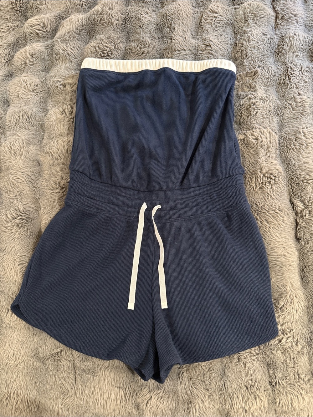 Gilly Hicks Navy Strapless Ribbed Drawstring Romper Shorts with White Trim